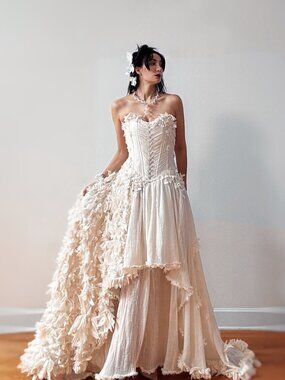 Vintage Drop Waist Basque Waist Ruched Cotton Corset Floral Wedding Gown